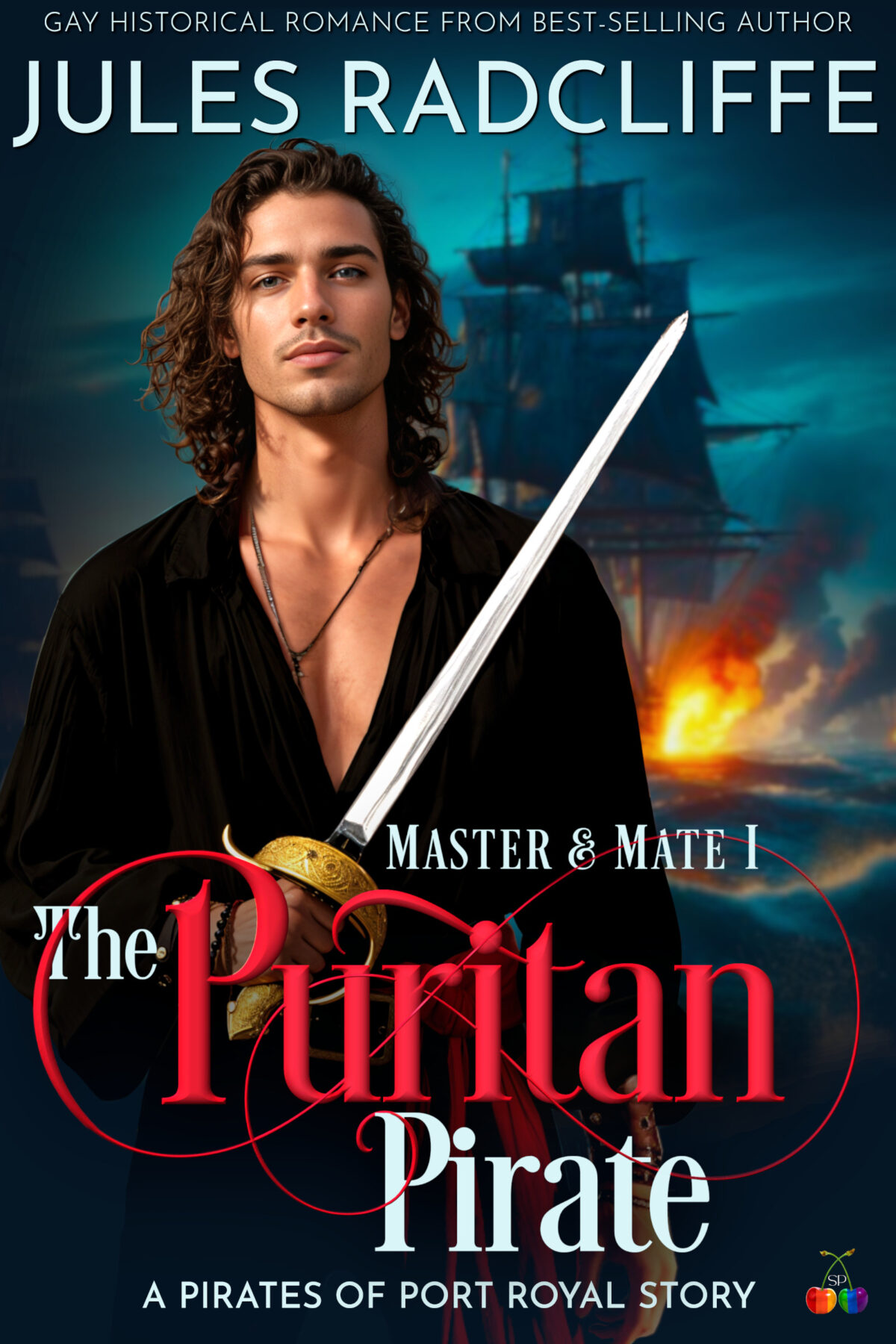 Cover of romance novel The Puritan Pirate showing a pirate with a sword